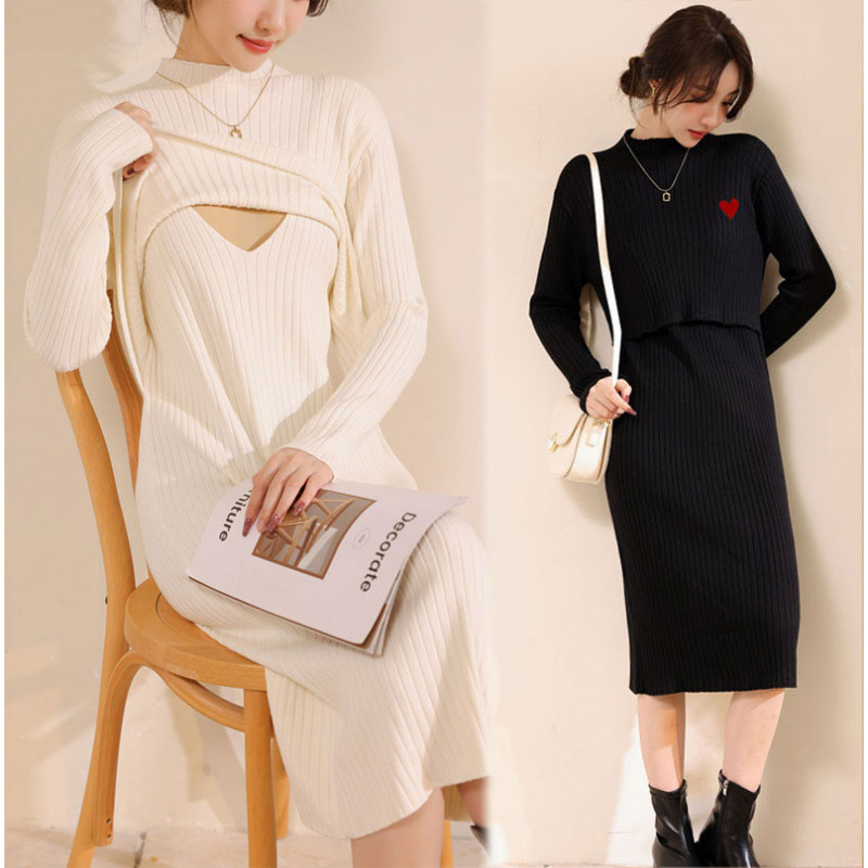 Real Shot of Stylish Autumn and Winter Thickened Warm Nursing Sweater, Postpartum Fashionable Loose Slimming Breastfeeding Dress