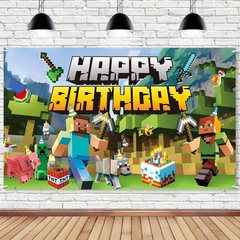 Minecraft テーマの誕生日装飾背景布ピクセルバトル誕生日パーティー装飾アレンジメント背景バナー