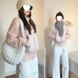 厂家直销韩系温柔风粉色针织拼接棉服女冬季小个子减龄短款棉袄老