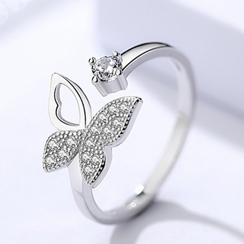 Korean version of 925 hand jewelry for women, simple temperament, fairy butterfly open zircon ring, manufacturer looking for agents.