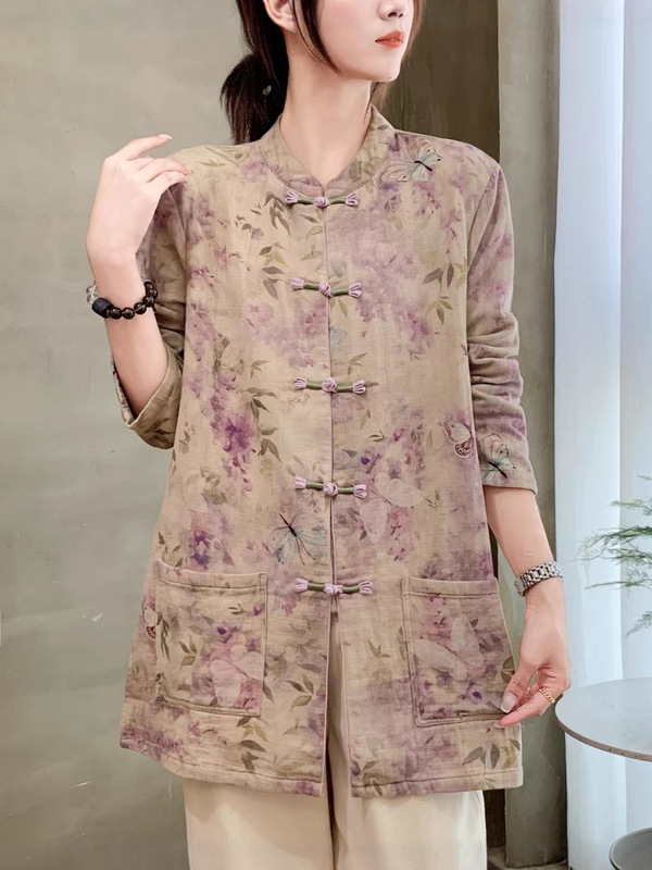 2025新款女复古文艺斜纹数码印花盘扣宽松显瘦百搭复古盘扣外套女|undefined
