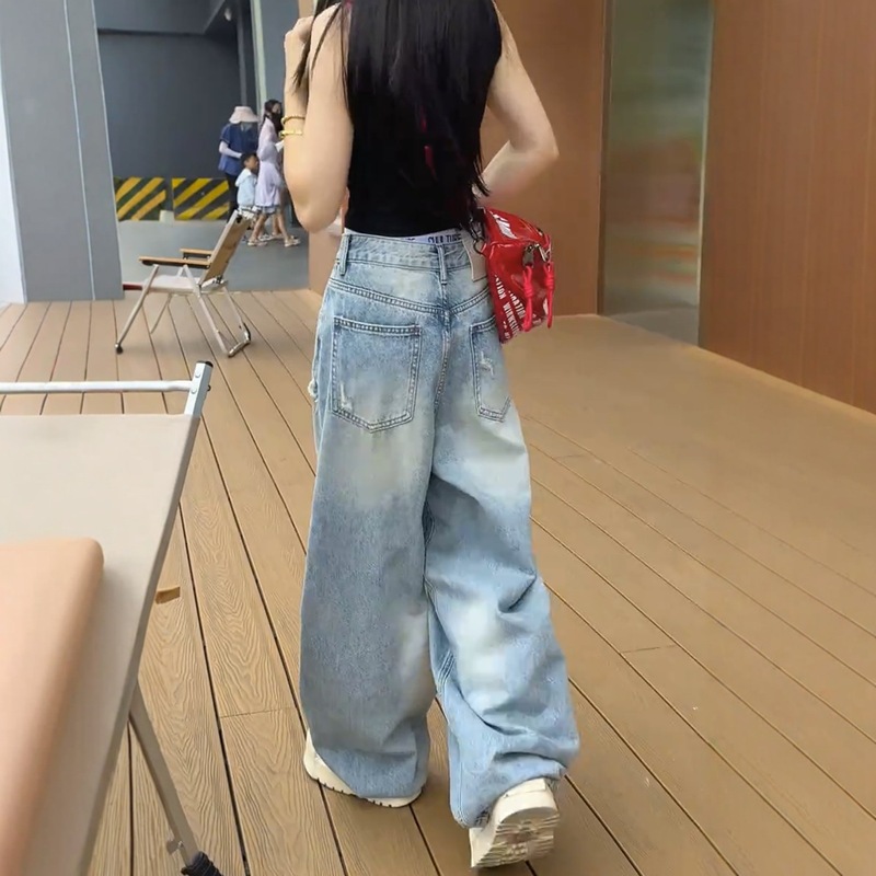 大码阔腿牛仔裤女2025新款高腰直筒裤胖mm显瘦设计宽松美式弯刀裤|undefined
