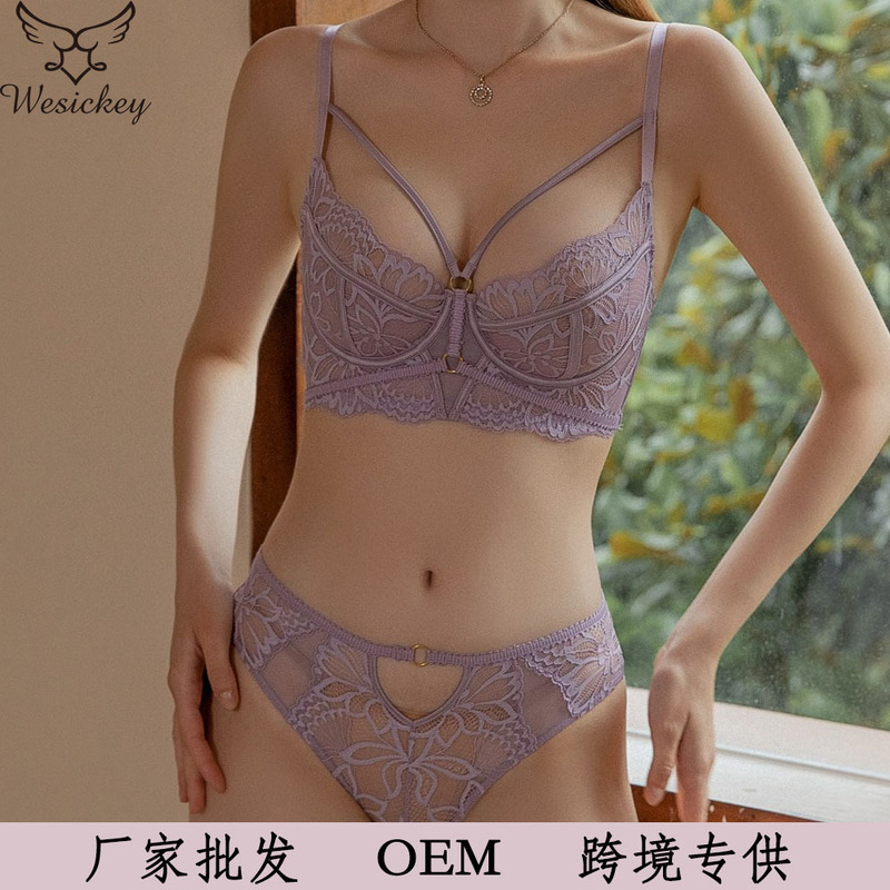 French style underwear sexy ultra-thin lace lace bra with straps big chest and small breast collection anti-sagging bra suit