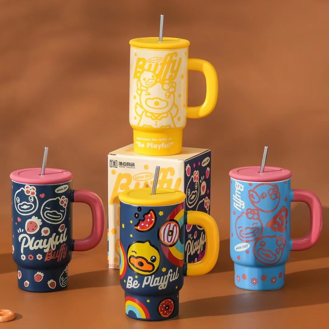 Auténtica licencia B. Duck personalidad pato amarillo taza de paja de cerámica acompañante regalo de cumpleaños taza de agua grande capacidad
