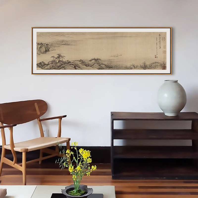 新中式民宿客栈客厅山水风景背景挂画横版长条卧室床头装饰画