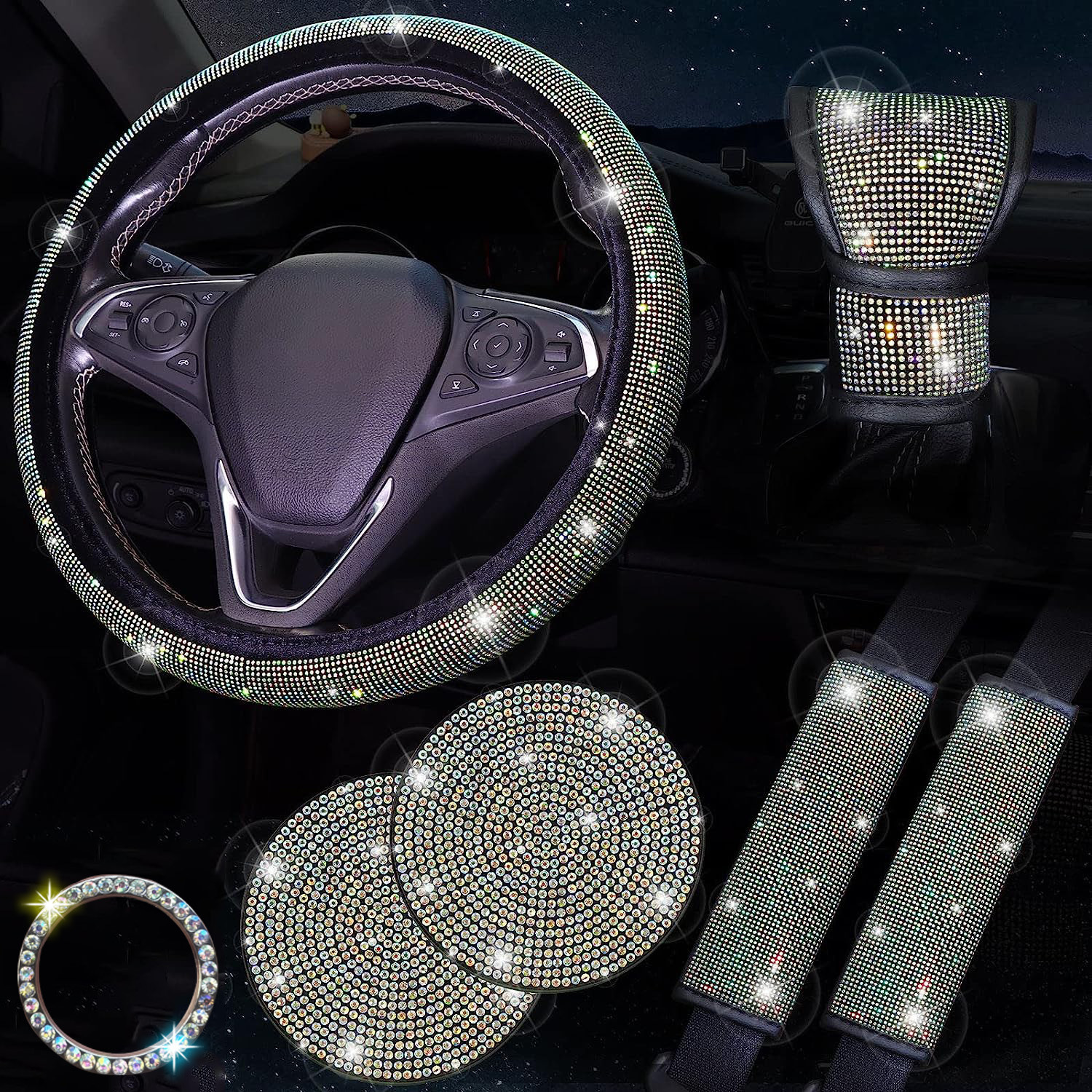 Cross-border explosions car steering wheel cover hot drill full drill gear sleeve seat belt shoulder pad cup cushion seven-piece set wholesale