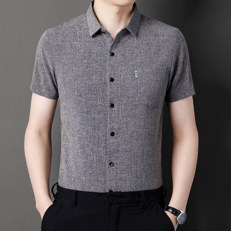 Solid Color Linen Short-Sleeved Shirt Men's Summer Middle-Aged and Elderly Loose Real Pocket Half-Sleeved Ice Silk Thin Men's Shirt