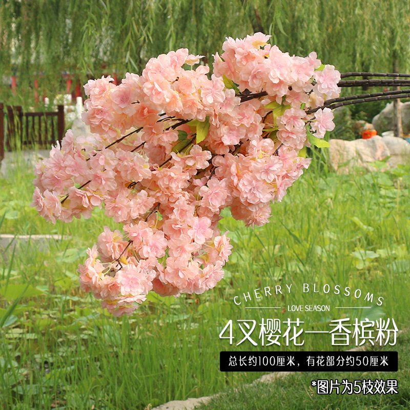 Ramas de Sakura con flores artificiales de tres puntas para decoración de interiores y exteriores en centros comerciales, ramas de flores de seda con enredaderas de cuatro puntas y tallos extendidos.