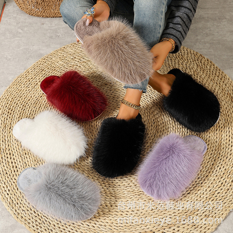 Cross-border large size solid color fluffy medium-pile women's home warm closed-toe cotton slippers, foreign trade fur slippers wholesale Cross-border large size solid color fluffy medium-pile women's home warm closed-toe cotton slippers, foreign trade fur slippers wholesale