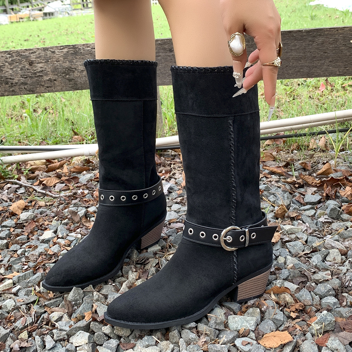 Women's High Top Suede Western Boots Belt Buckle Pointed Toe Mid Heel Riding Boot Plus Size Autumn New Style Black_voghion.com