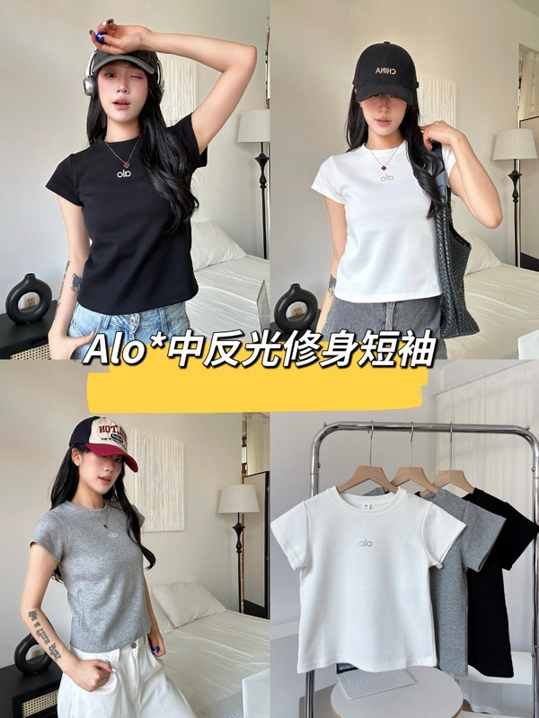 Alo 夏レタープリント反射半袖レディース通気性スポーツカジュアル多用途スリムフィットラウンドネックトップ Tシャツ|undefined