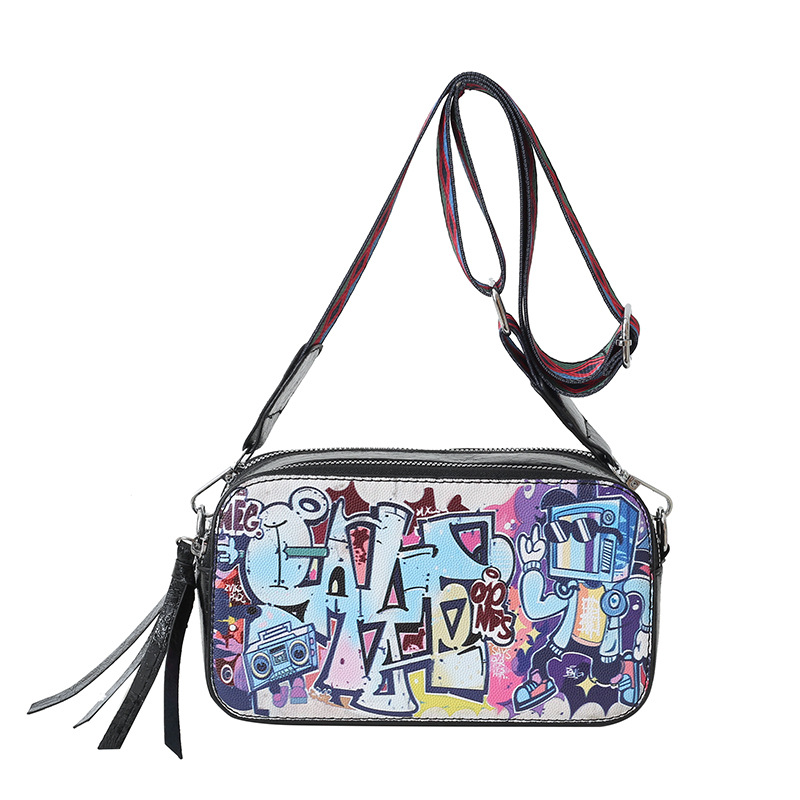 Bolso cuadrado pequeño estilo explosivo transfronterizo, graffiti de personalidad femenina, bolso puenting, bolso de cámara con correa de hombro ancha de moda, bolso de mensajero de hombro de todo fósforo