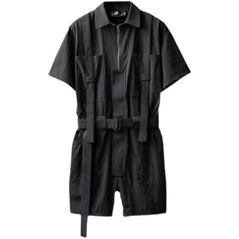 连体衣裤黑色工装男士夏季日系复古连体工装裤潮流嘻哈帅气套装潮