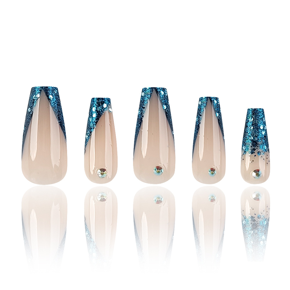 Polvo de brillo azul de mar profundo manicuría francesa comercio exterior perforación de moda dulce y fresca chica caliente estilo de vestir uñas 24 piezas de parche de uñas falsas