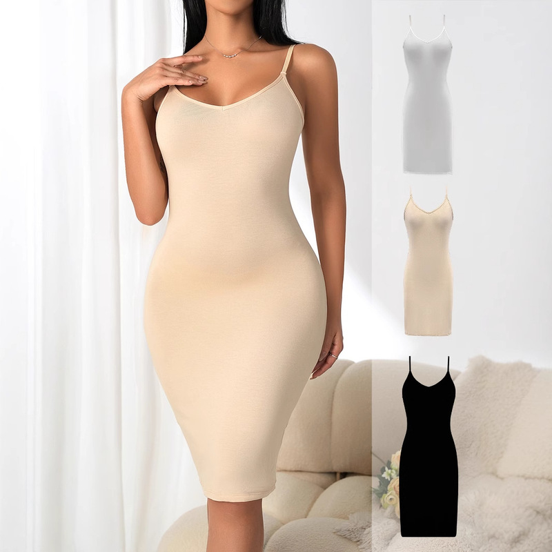 2026 European and American Popular Women's Camisole Solid Color Tight-Fitting Feminine Waist-Cinching Butt-Lifting Shapewear Dress Wholesale