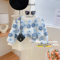 Linyi Children's Clothing 2023 Winter New Girls' Korean Version Ins 3D Flower Double Layer Fleece Thick Hooded Sweatshirt