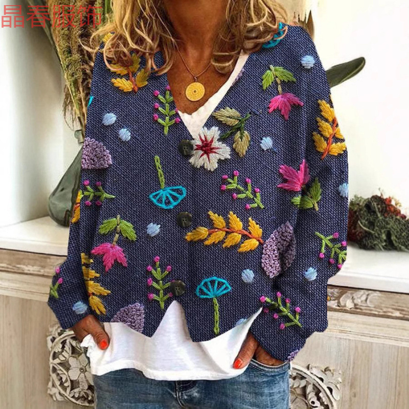 热销新款独立站数码印花粗针女装大领开衫短款长袖毛衣