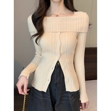 2024秋款女装冷淡系高级感方领开叉一字肩针织衫内搭毛衣打底上衣