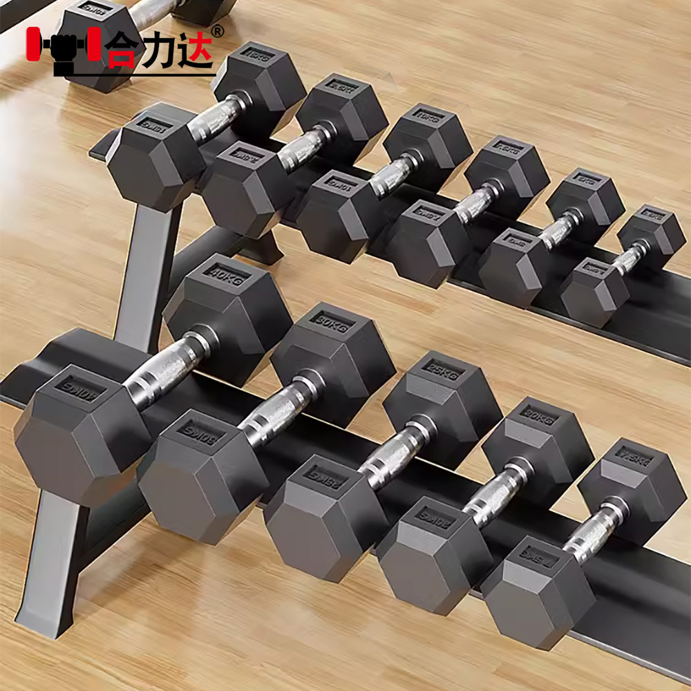 Hexagonal cubierta de hierro fundido mancuernas hombre caucho negro mancuernas cromado metal mango antideslizante mancuernas al por mayor