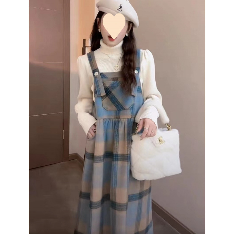 (2개) 임산부복 가을 신상품 캐주얼 니트 하프 터틀넥 탑 플러스 플레드 서스펜더 미디 스커트 투피스 세트