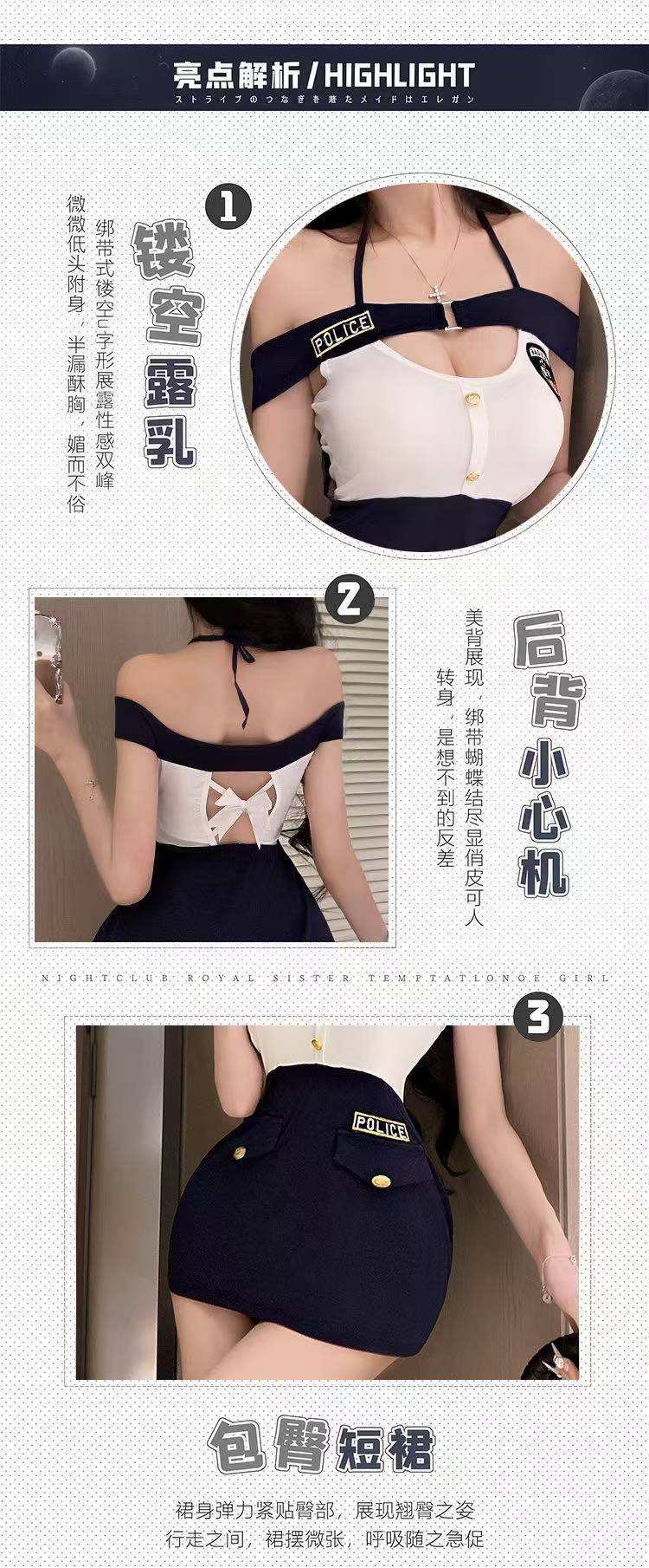 Policewoman Roleplay Costume Set with Hip-Covering Uniform Dress, Black One Size — detail image 3