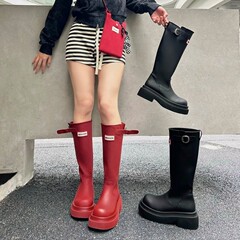 厚底高筒红色长靴2025年秋季新款户外露营不过膝旅游长筒靴骑士靴