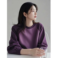 深紫色撞色拼接插肩袖套头卫衣美式复古显瘦休闲百搭上衣2025春季
