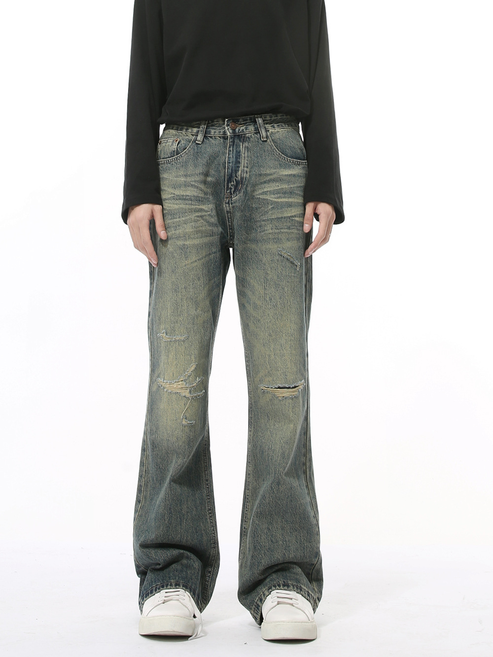 MTLCLOTHES Hombres| Nuevos productos de otoño pantalones agujeros de la calle, piernas largas sueltas lavadas con agua para hacer pantalones rectos viejos