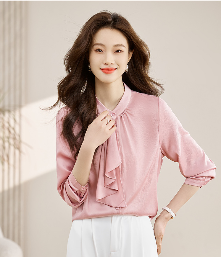 フレンチエレガントデザインの蝶ネクタイ付き2025春秋白長袖シャツ、女性らしい通勤用オフィスシャツ