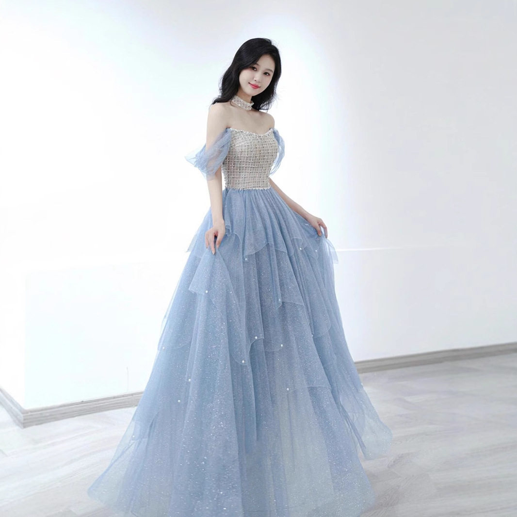 2026 nuevo azul azul azul hombro vestido de princesa piano violín vestido de anfitrión de espectáculo vestido de examen vocal