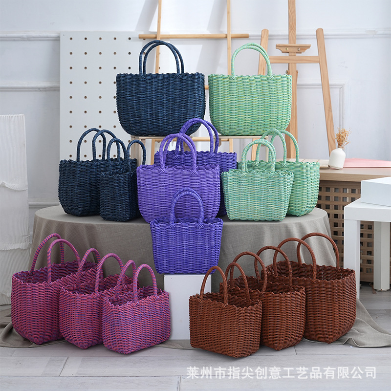 Vintage Plastic Hand-woven Basket Colorful Hand-held Vegetable Basket Bag All-match Fashionable Hand-held Bag Shopping Picnic Basket