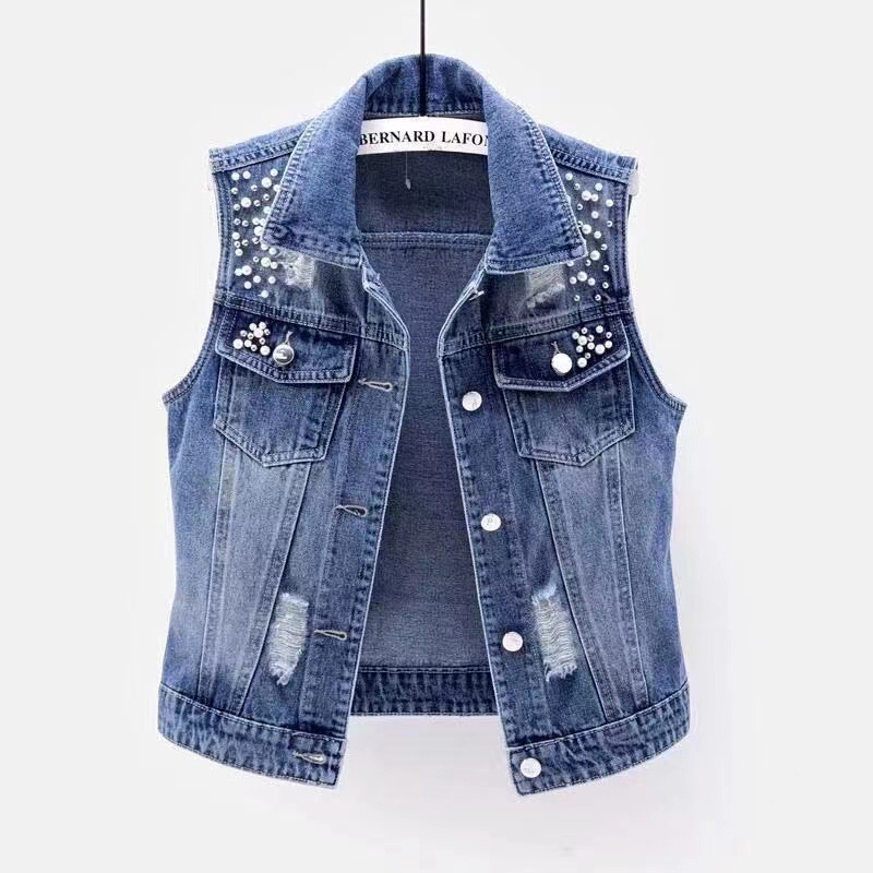 2023 Spring and Autumn New Denim vest women's short washed hole beaded sleeveless jacket versatile slim top fashion