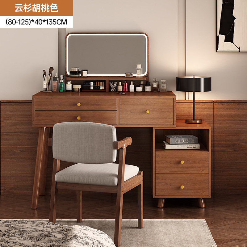 [서랍 3개 + 서랍 2개 측면 캐비닛 + LED 거울] 80-120cm 월넛 컬러 + 원목 소프트백 북체어