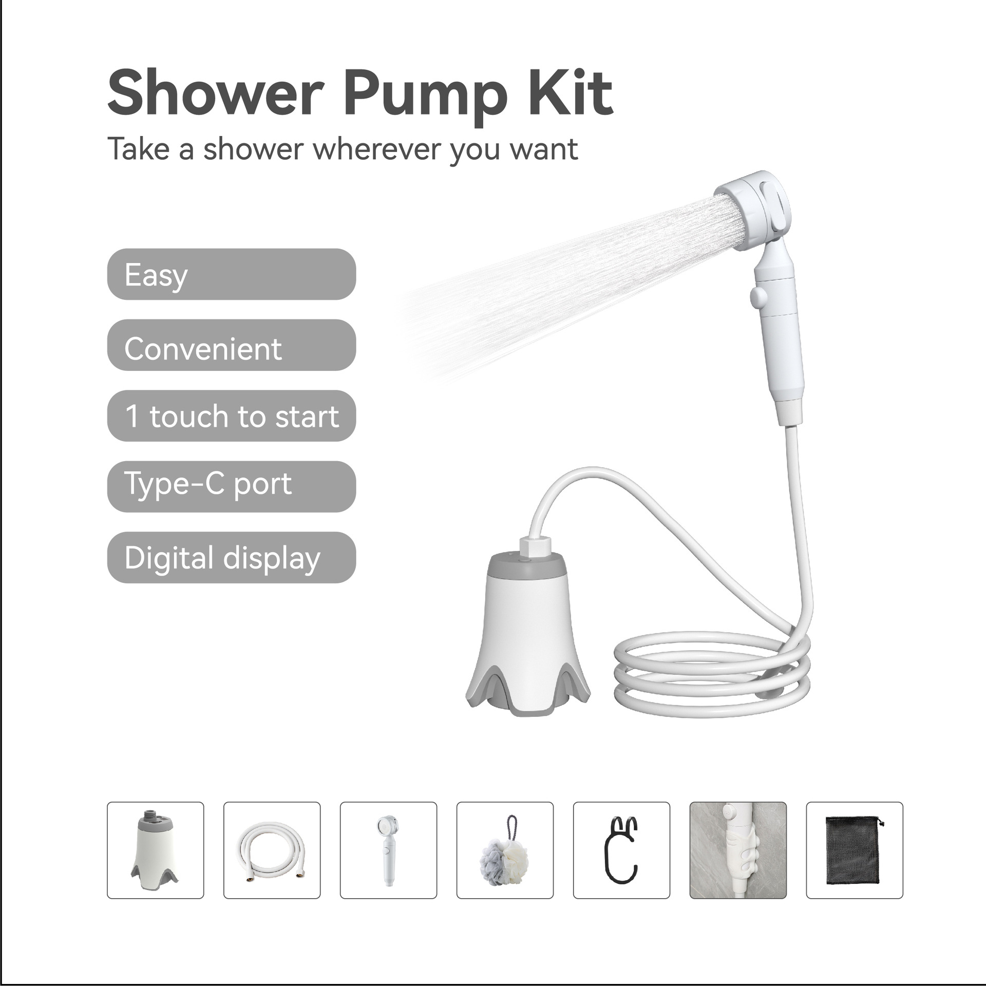 Lithium Battery Shower Pump Shower Hose Set Suitable for Outdoor Home Shower with Bath Ball and Hook Nozzle