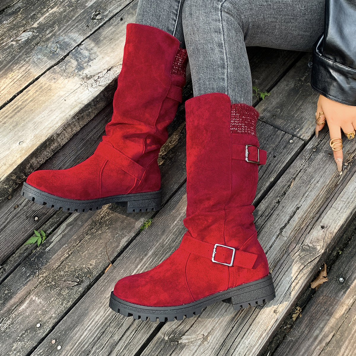 2025秋季现货款皮带扣套筒毛线口马丁靴大码外单中筒靴欧美风女靴