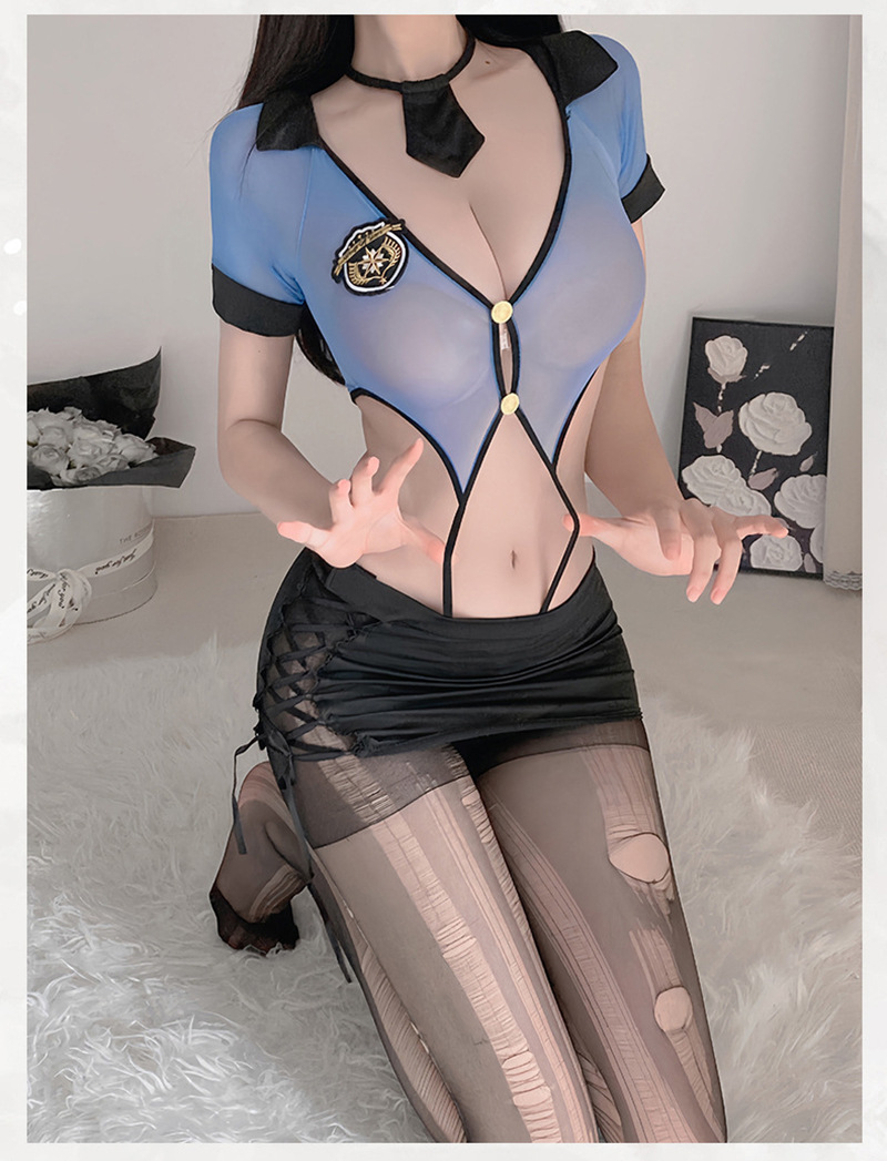Policewoman Cosplay Crotchless Bodysuit Set with Tie, Mini Skirt and Ripped Tights — detail image 5