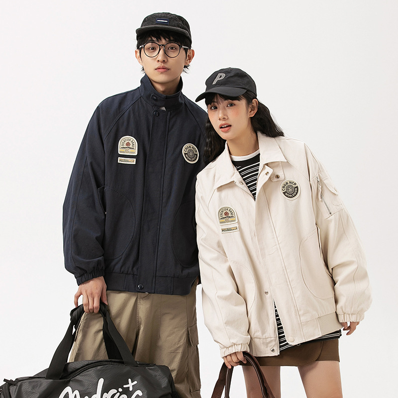 Ru Meng American retro badge lapel pilot jacket men's spring casual couple workwear baseball uniform jacket