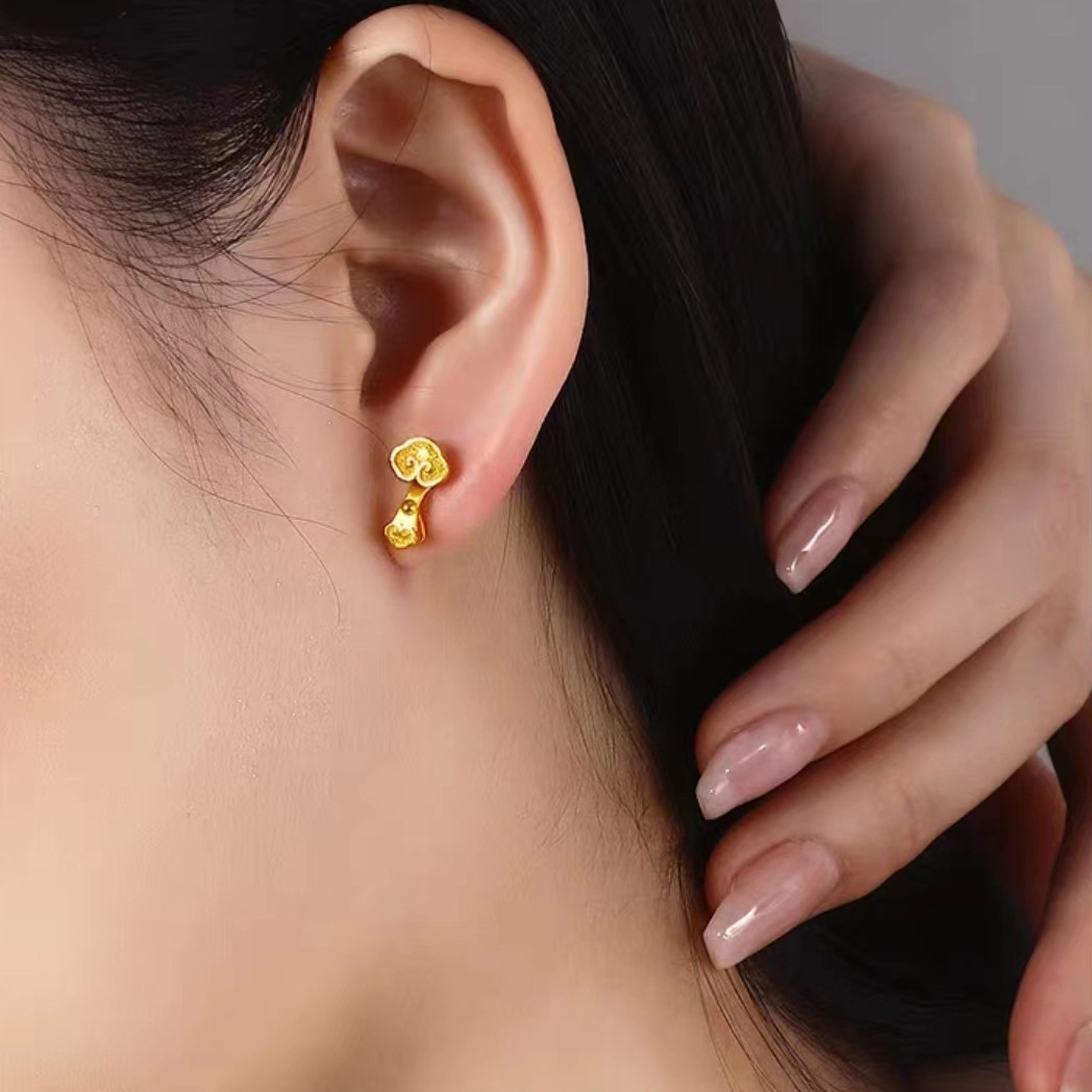 Vietnam sand Gold new Ruyi stud earrings female simulation gold light luxury niche ear jewelry personality all-match Fashion Jewelry_voghion.com