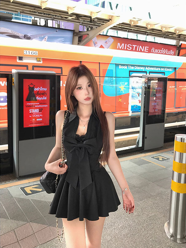 Mejiu蜜九【黑夜梦栀】黑色辣妹收腰蕾丝连衣裙女夏季纯欲风裙子|undefined