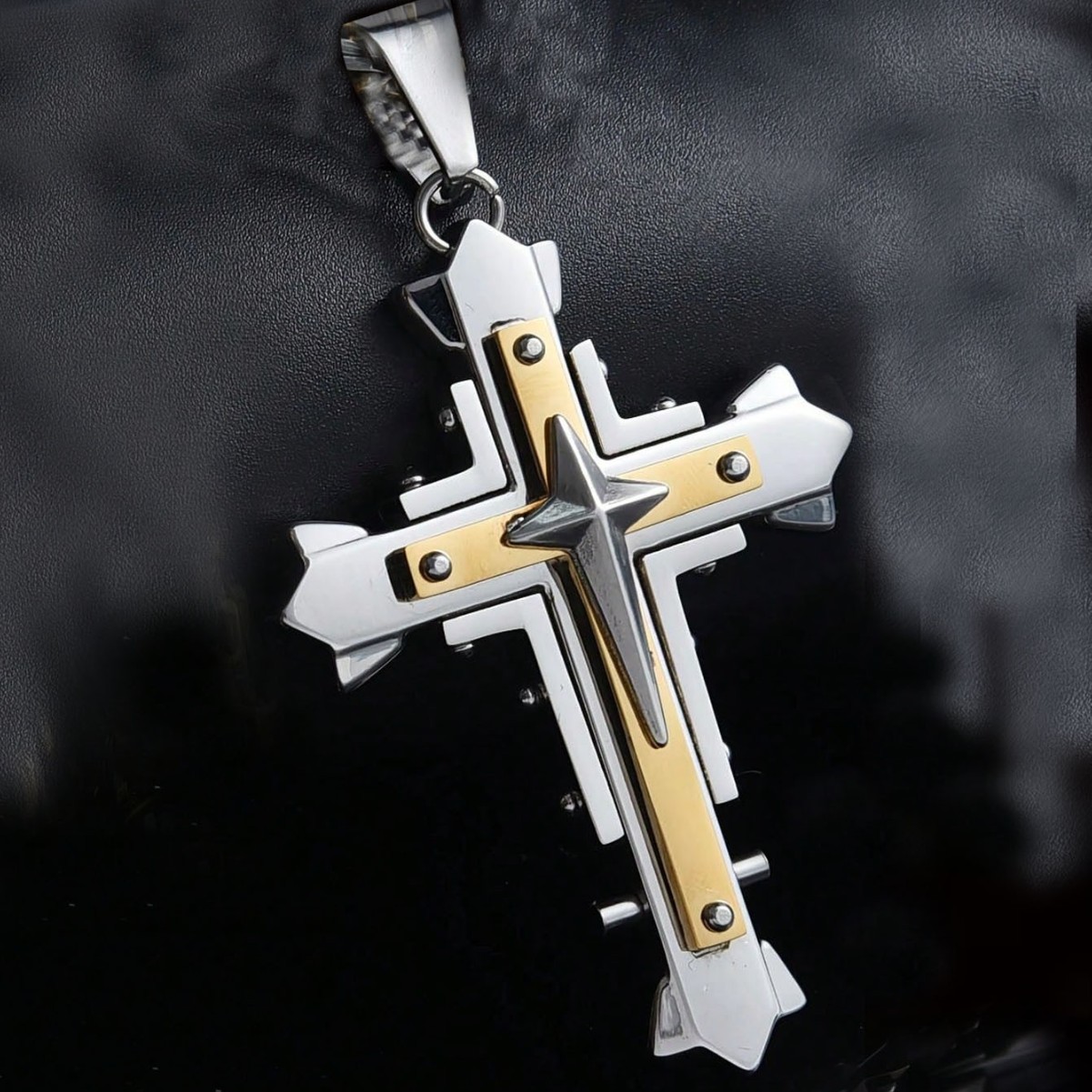 Stainless Steel Three-layer Cross Pendant Necklace For Men_voghion.com