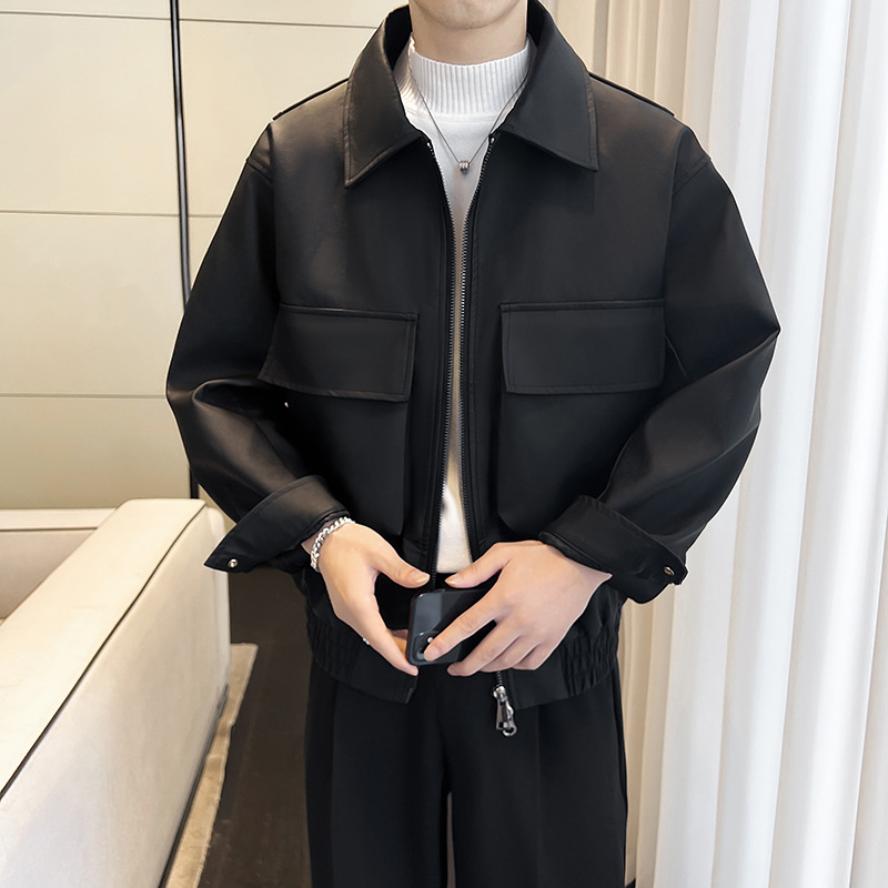 가을과 겨울 새로운 남성 하이 퀄리티 러피 잘 생긴 패션 트렌드 레저 오토바이 스타일 옷깃 가죽 코트 두꺼운 코트