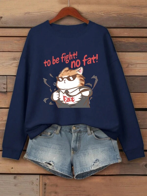 Cool Combat-Themed Fat Cat Print Women's Sweatshirt, Round Neck Autumn Pullover Sweater, Loose Casual Jogging Outfit
