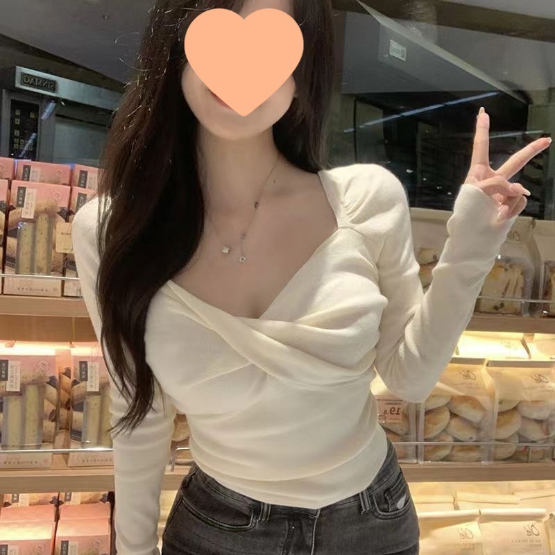 春季2025甜辣妹纯欲修身显瘦短款韩版小众v领长袖打底衫女装上衣|undefined