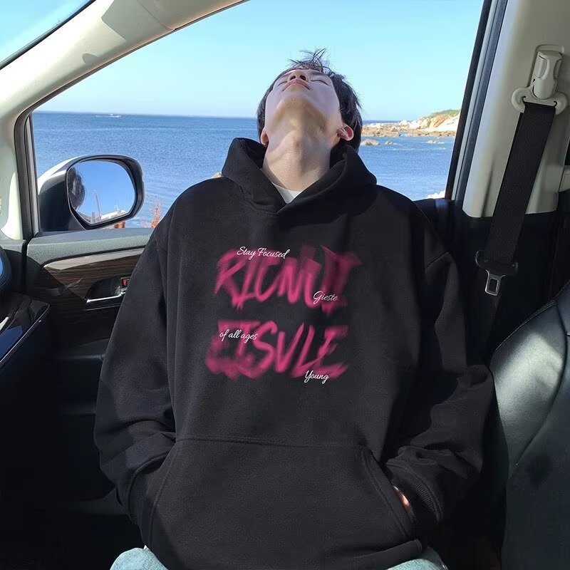 Trendy Casual American-Style Fuzzy Letter Print Hooded Sweatshirt for Men with Kangaroo Pocket, Regular Fit, Spring and Autumn, Drop Shoulder Sleeves
