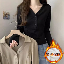 【280克双面德绒有氨纶】新款冬季保暖打底衫polo领大码长袖T恤女