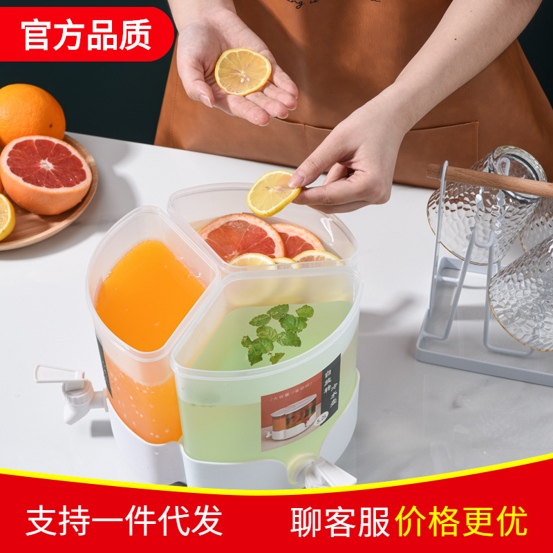 Household Rotating Cold Water Kettle with Faucet, Refrigerator-Friendly Fruit Tea Pot, 3-Compartment Cool Water Bucket, Infuser Bottle for Iced Water & Juice – 5.2L