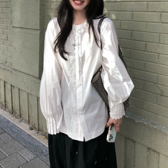 法式蕾丝花边圆领白衬衫女2025秋季新款纯棉休闲衬衣上衣2025秋季