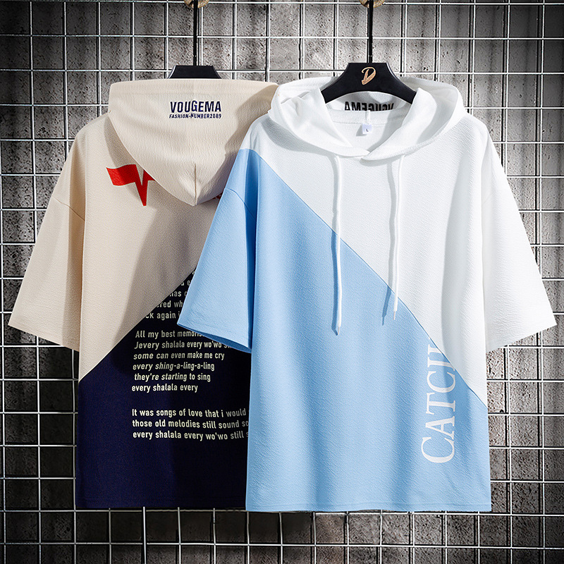 New men's short-sleeved t-shirt, summer trendy loose fit, simple, casual, versatile, student/youth top, hooded, cross-border e-commerce.