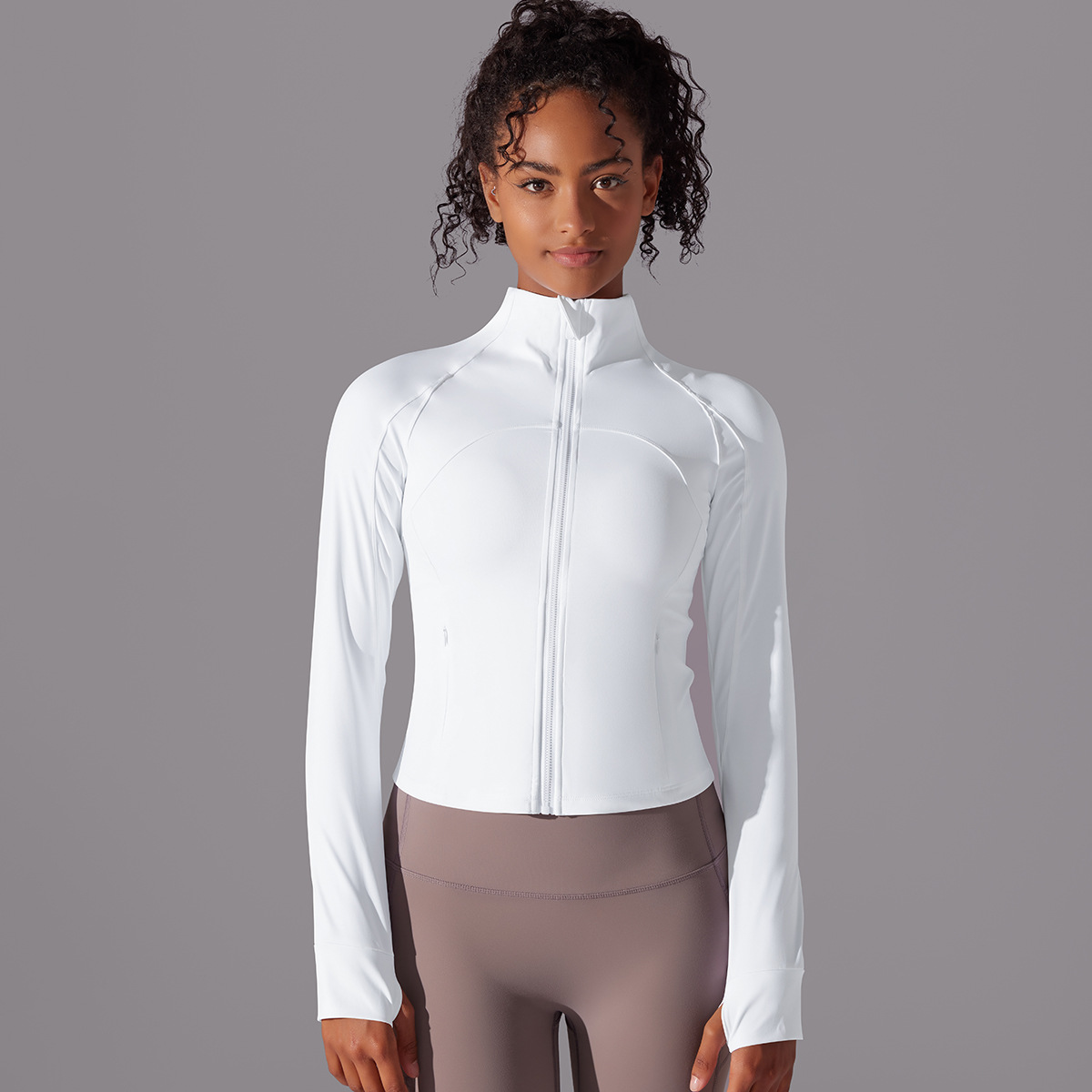 Nuevo color sólido de collar largo con cremallera de manga larga chaqueta molida apertada deportiva para correr ropa de yoga para mujeres