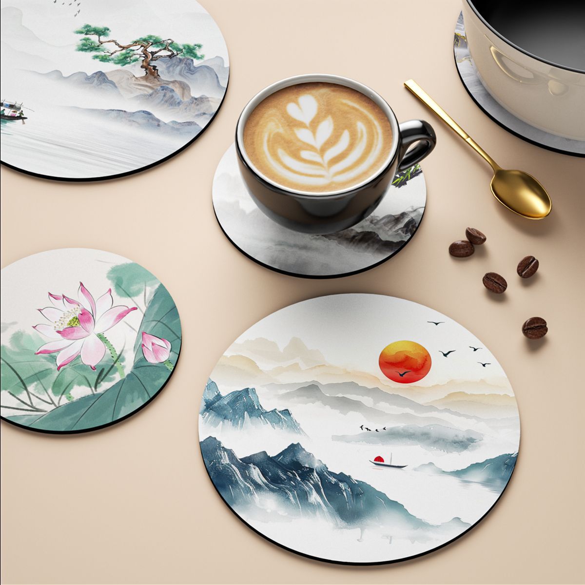 餐垫中式杯垫山水画橡胶吸水防滑隔热垫碗盘垫防烫台面桌垫定制